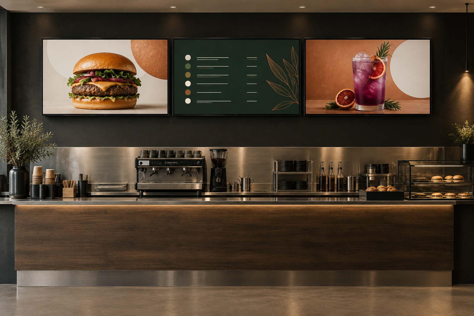 Üç yatay menü ekranı, kahve makinesi ve ahşap tezgâhlı restoran için yapay zekâ üretimi konsept sahne